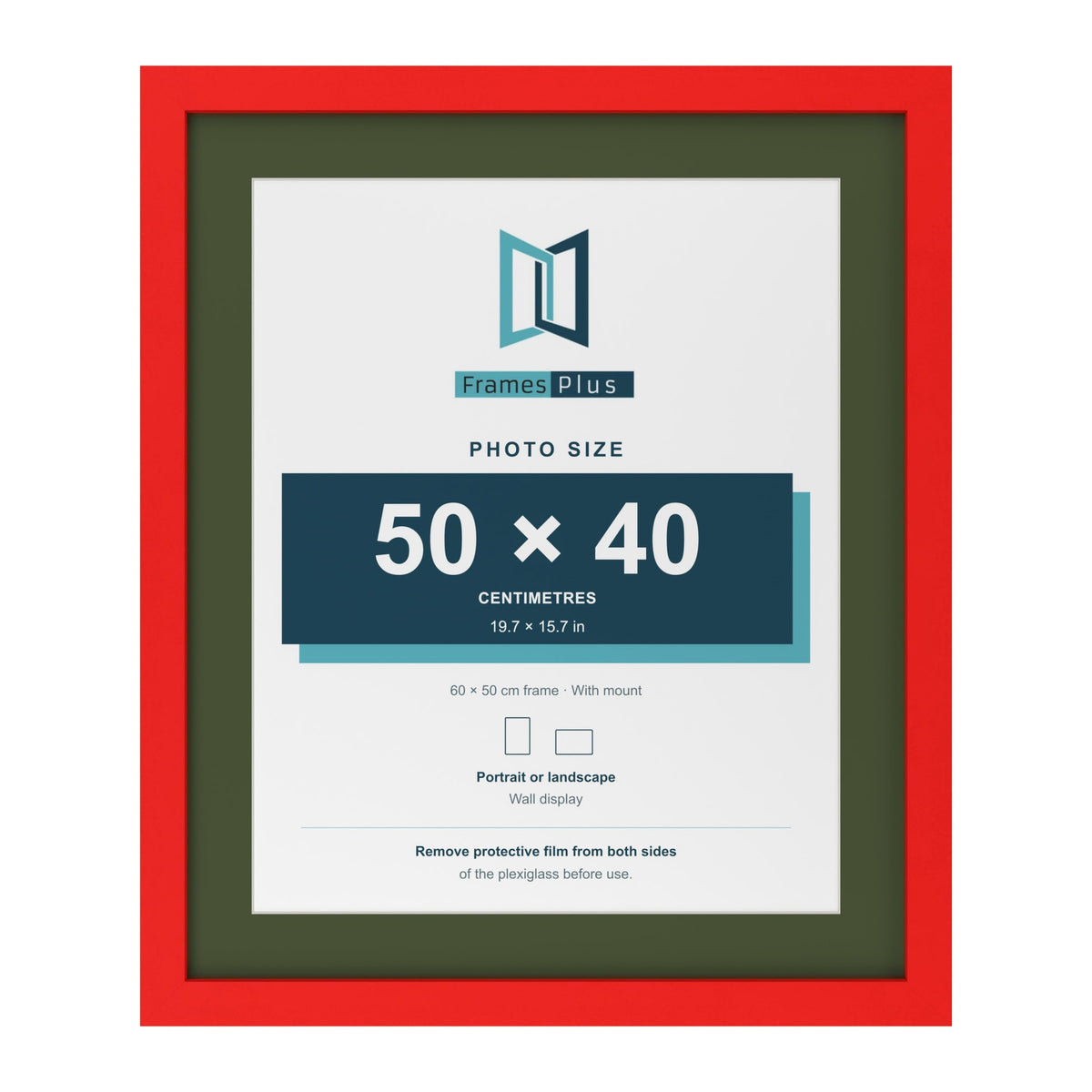 Red 60 x 50 cm picture frame with a green mount for a 50 x 40 cm photo