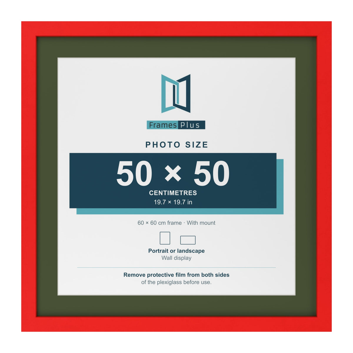 Red 60 x 60 cm picture frame with a green mount for a 50 x 50 cm photo