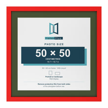 Red 60 x 60 cm picture frame with a green mount for a 50 x 50 cm photo