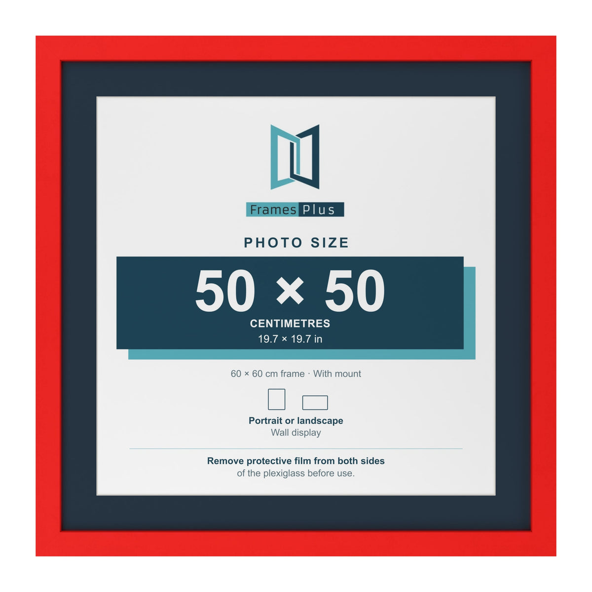 Red 60 x 60 cm picture frame with a Pacific Blue mount for a 50 x 50 cm photo