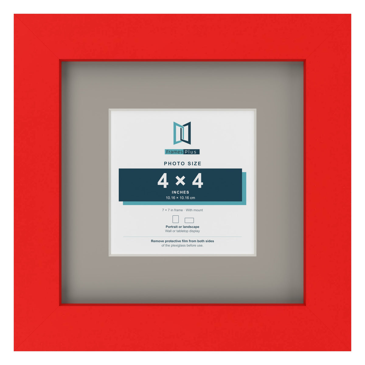 Red 7 x 7 inch picture frame with a Dawn Grey mount for a 4 x 4 inch photo