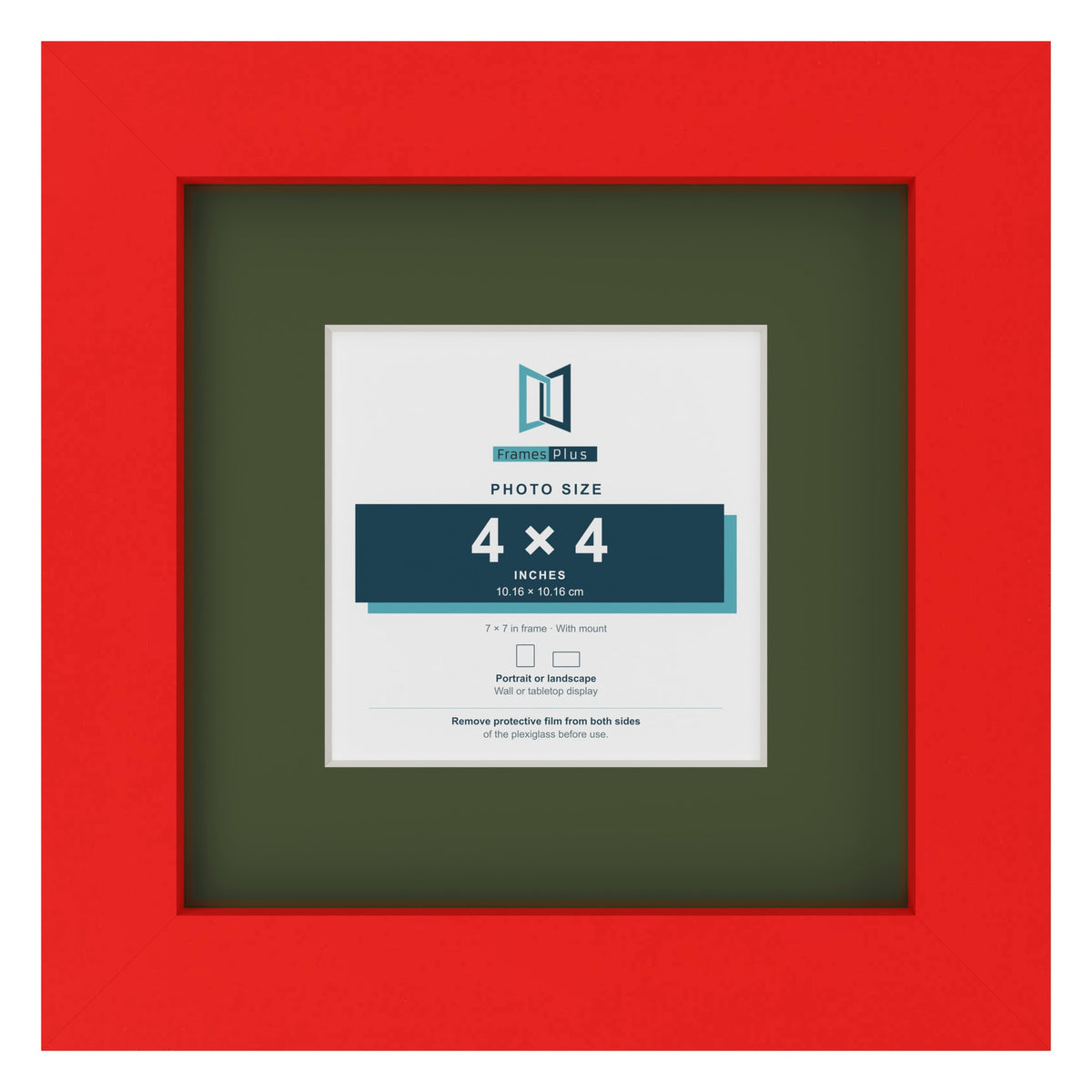 Red 7 x 7 inch picture frame with a green mount for a 4 x 4 inch photo