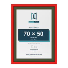 Red 80 x 60 cm picture frame with a green mount for a 70 x 50 cm photo
