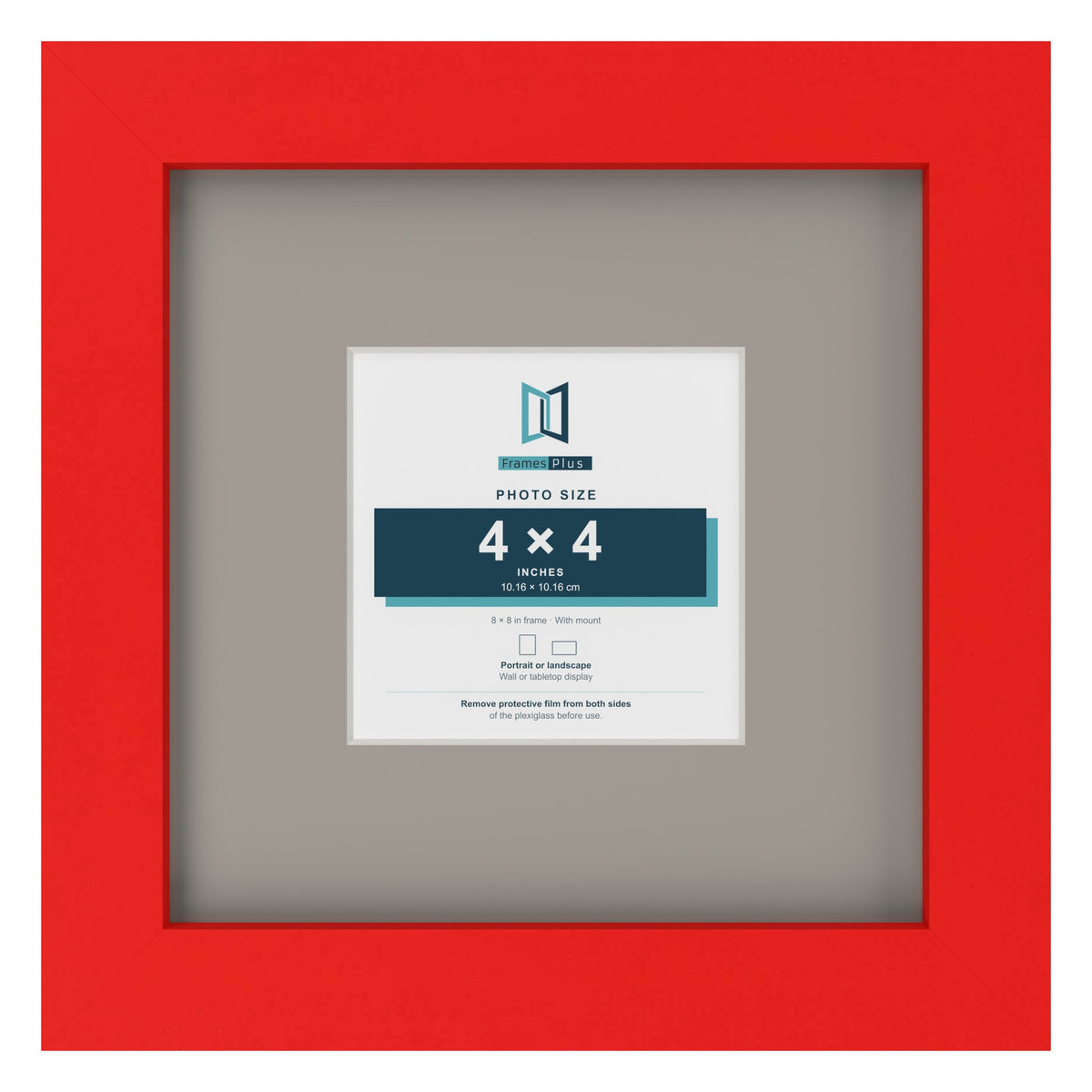 Red 8 x 8 inch picture frame with a Dawn Grey mount for a 4 x 4 inch photo