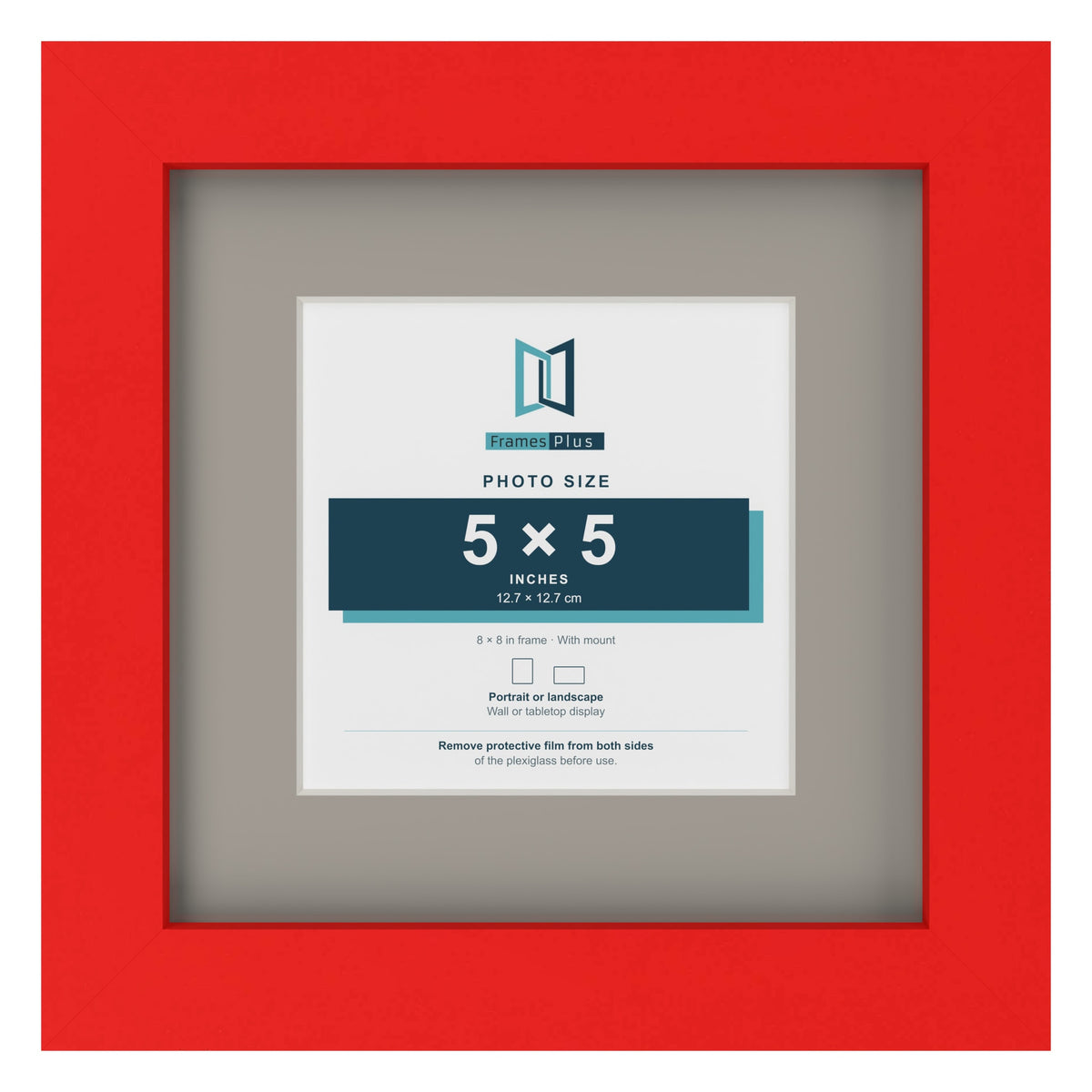 Red 8 x 8 inch picture frame with a Dawn Grey mount for a 5 x 5 inch photo