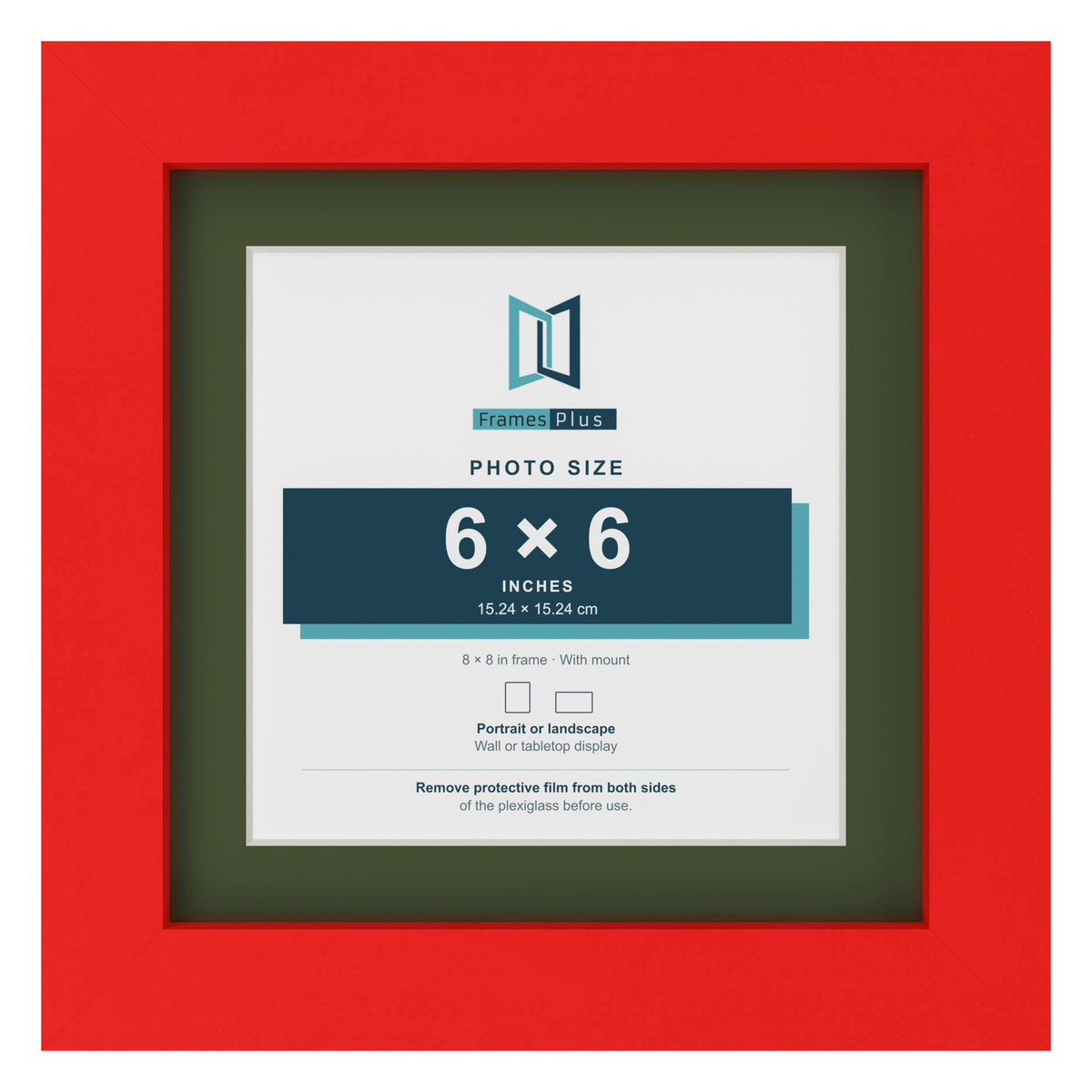 Red 8 x 8 inch picture frame with a green mount for a 6 x 6 inch photo