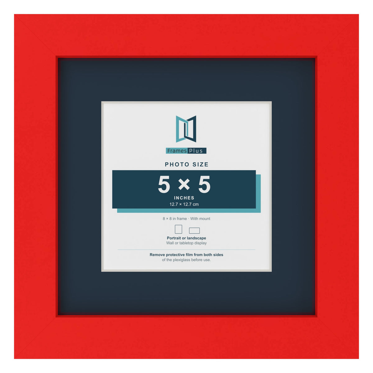 Red 8 x 8 inch picture frame with a Pacific Blue mount for a 5 x 5 inch photo
