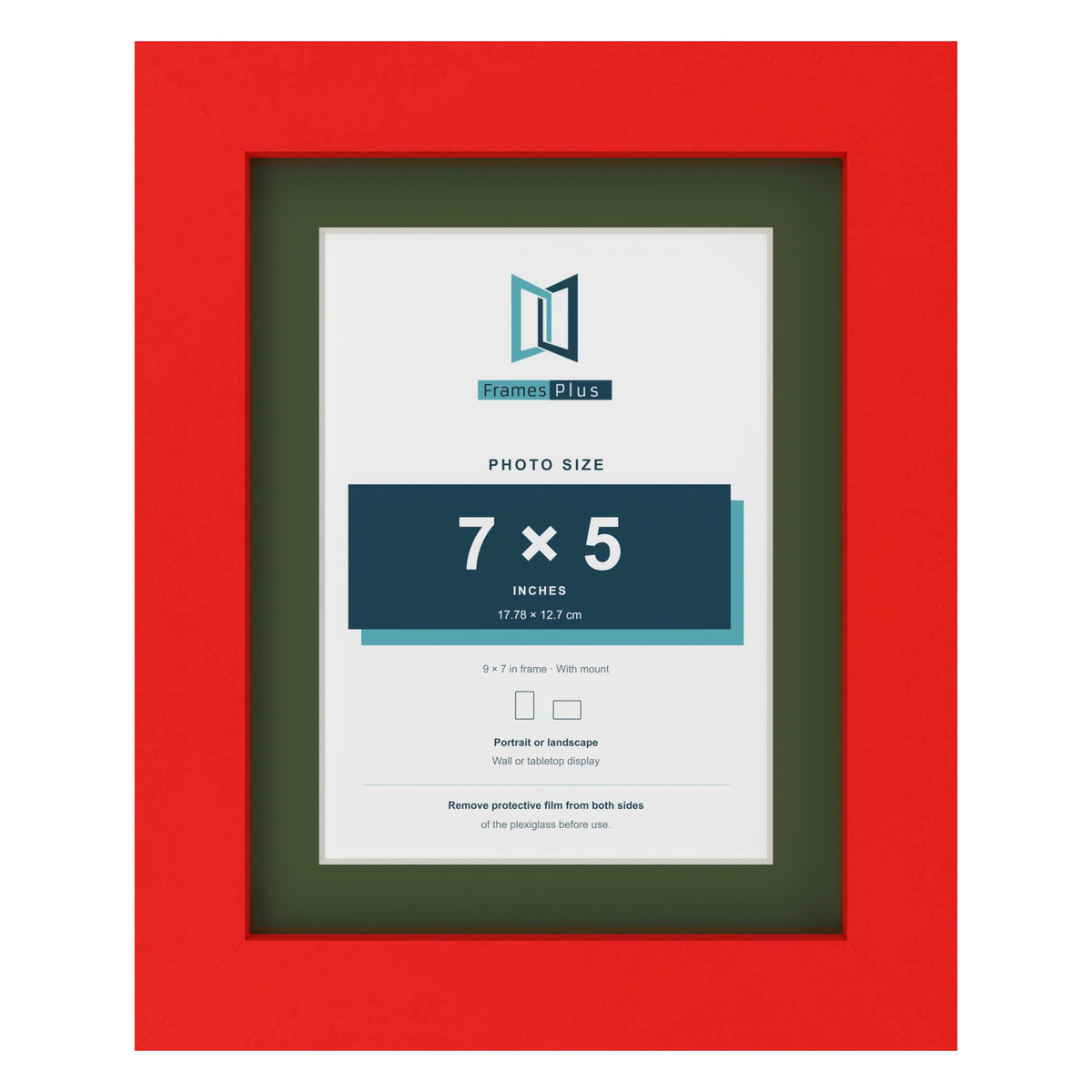 Red 9 x 7 inch picture frame with a green mount for a 7 x 5 inch photo