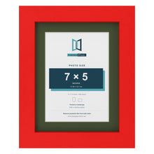 Red 9 x 7 inch picture frame with a green mount for a 7 x 5 inch photo