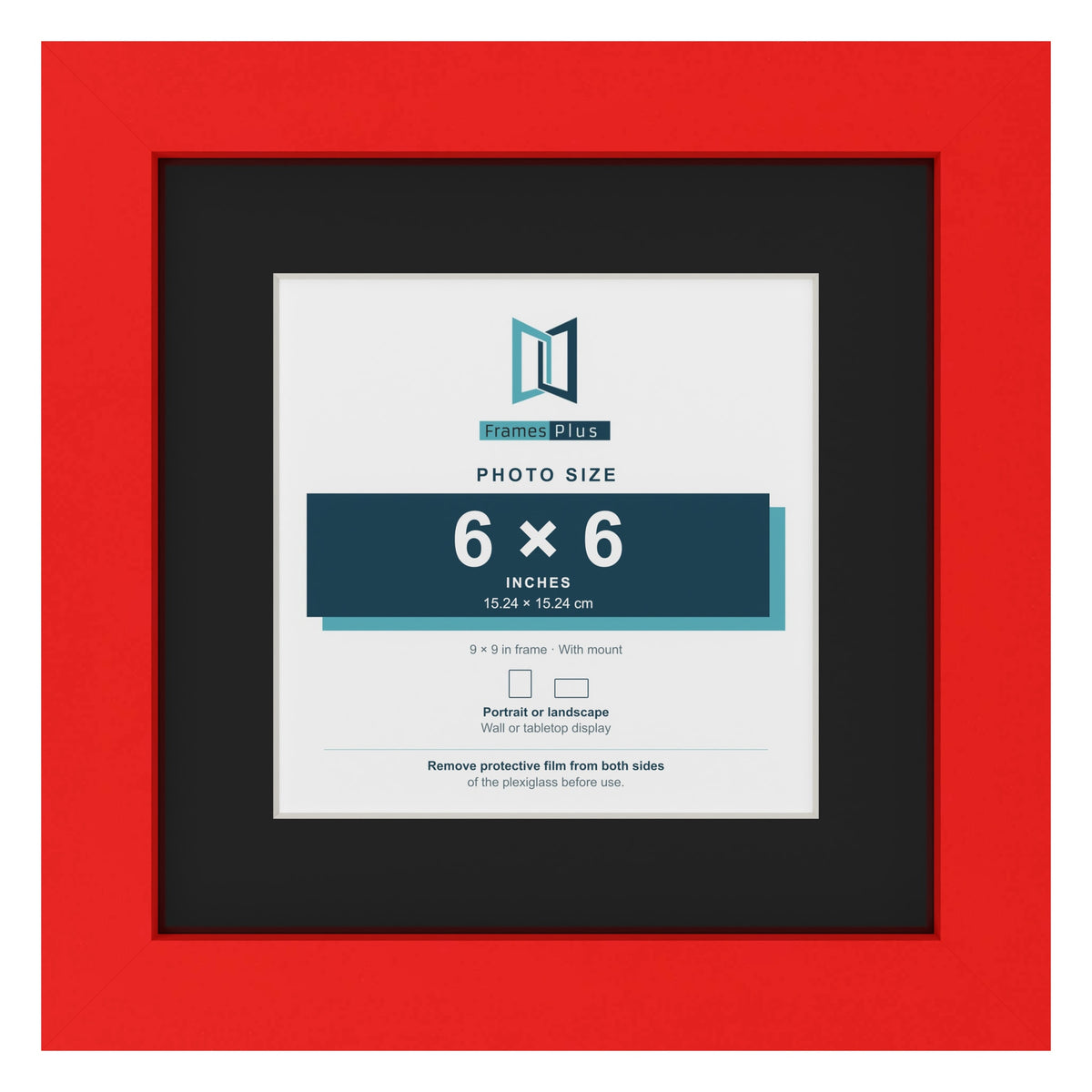 Red 9 x 9 inch picture frame with a black mount for a 6 x 6 inch photo