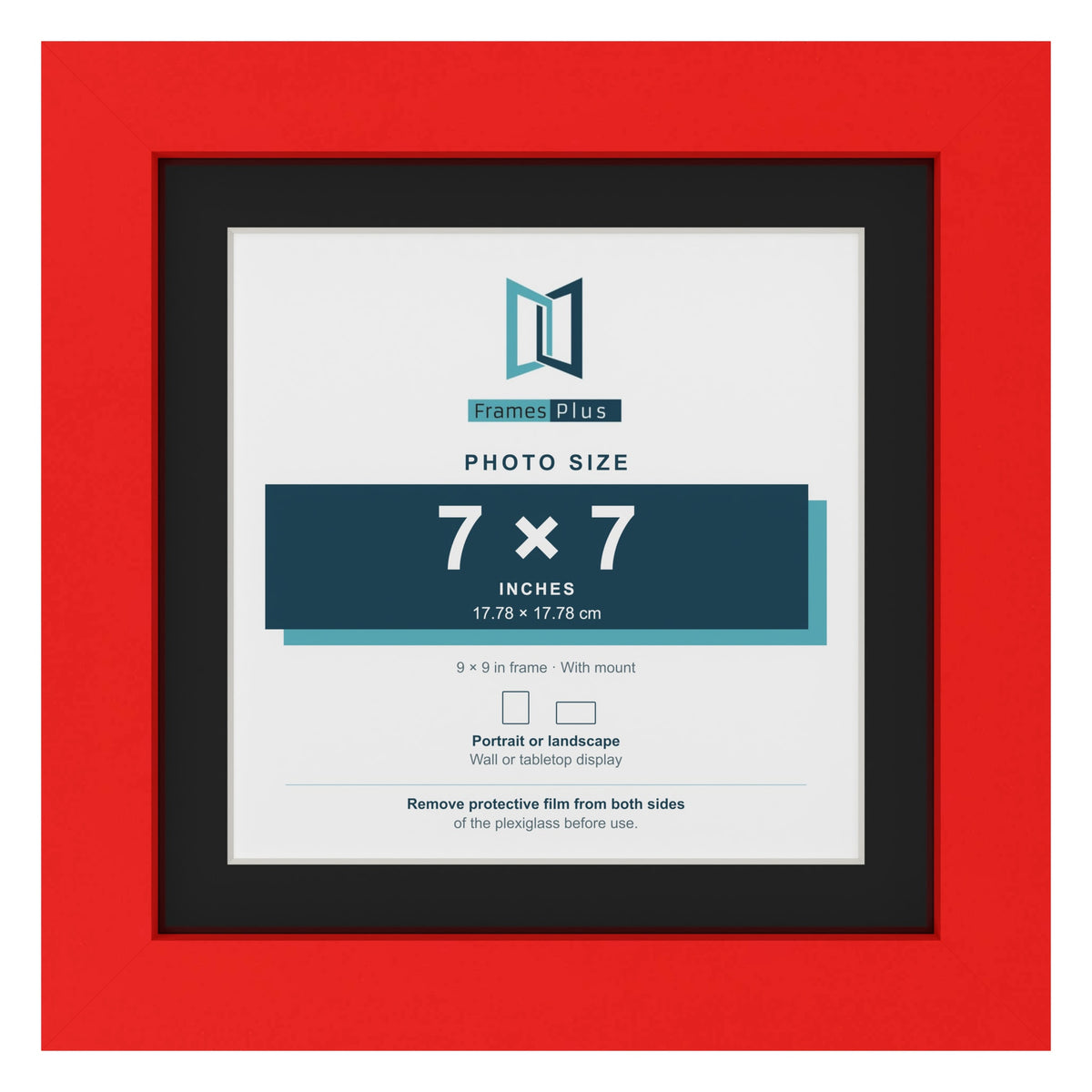 Red 9 x 9 inch picture frame with a black mount for a 7 x 7 inch photo