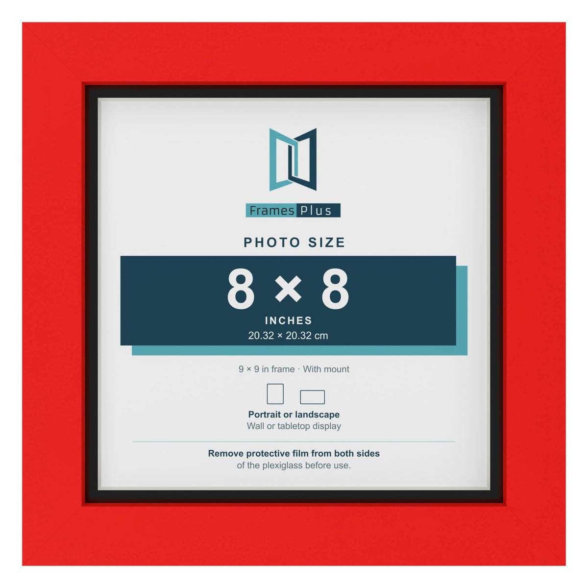 Red 9 x 9 inch picture frame with a black mount for an 8 x 8 inch photo