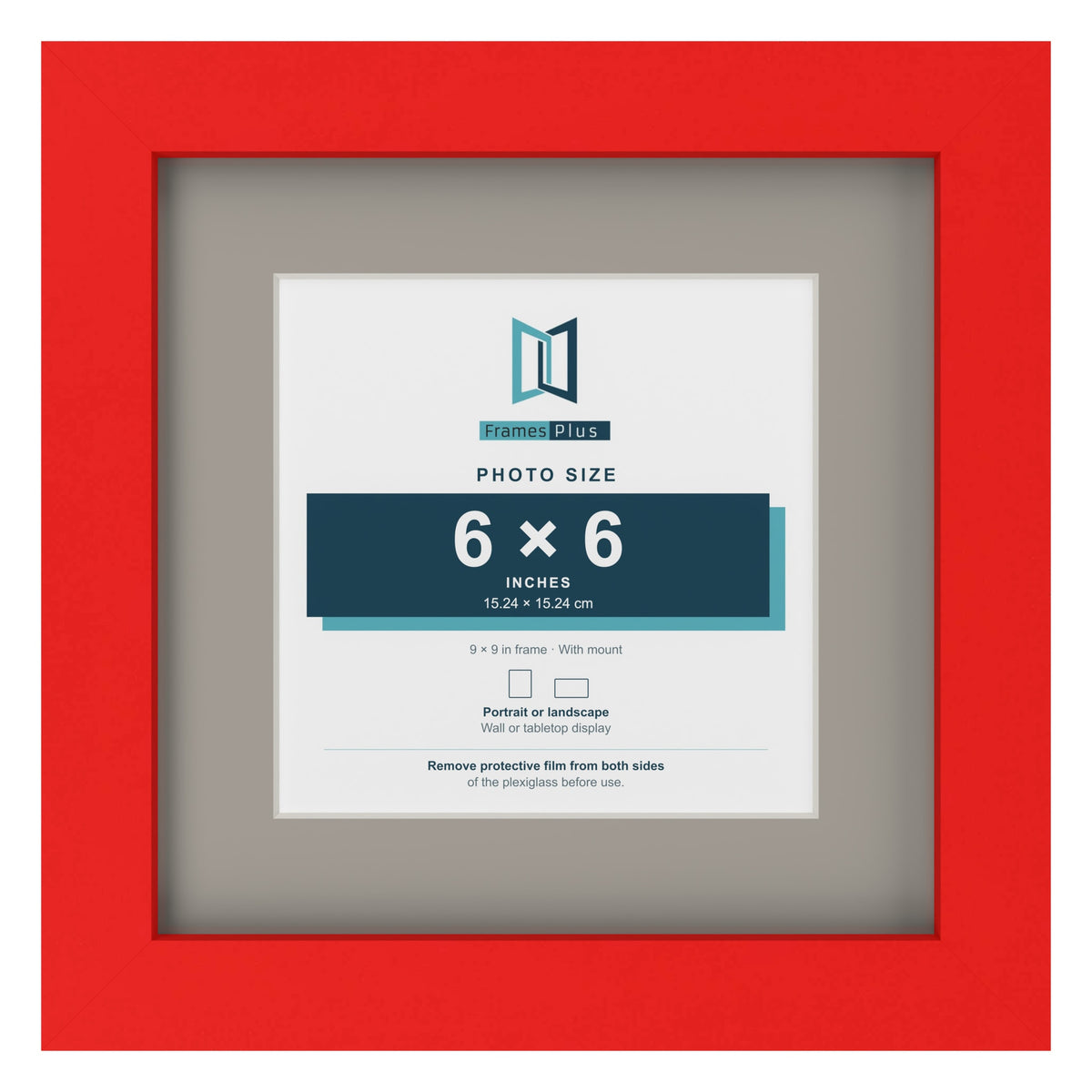 Red 9 x 9 inch picture frame with a Dawn Grey mount for a 6 x 6 inch photo