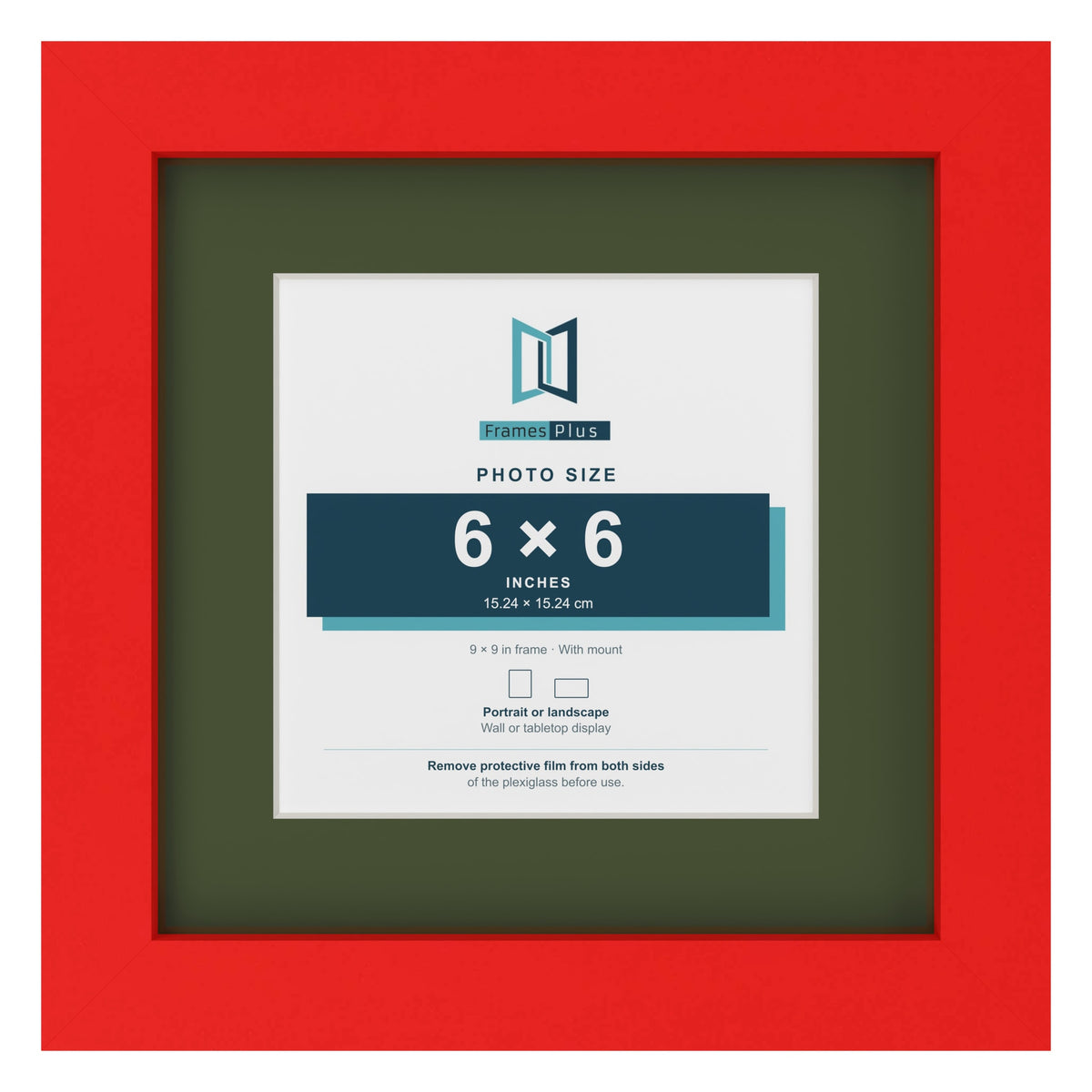 Red 9 x 9 inch picture frame with a green mount for a 6 x 6 inch photo