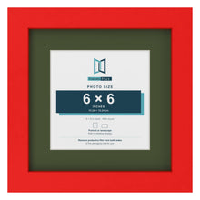 Red 9 x 9 inch picture frame with a green mount for a 6 x 6 inch photo