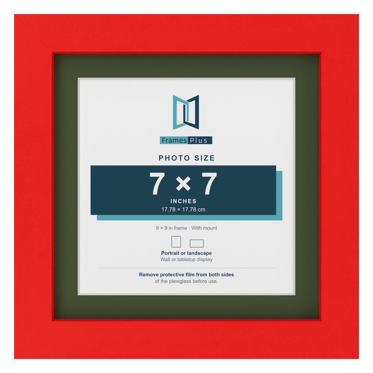Red 9 x 9 inch picture frame with a green mount for a 7 x 7 inch photo
