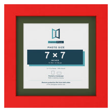 Red 9 x 9 inch picture frame with a green mount for a 7 x 7 inch photo