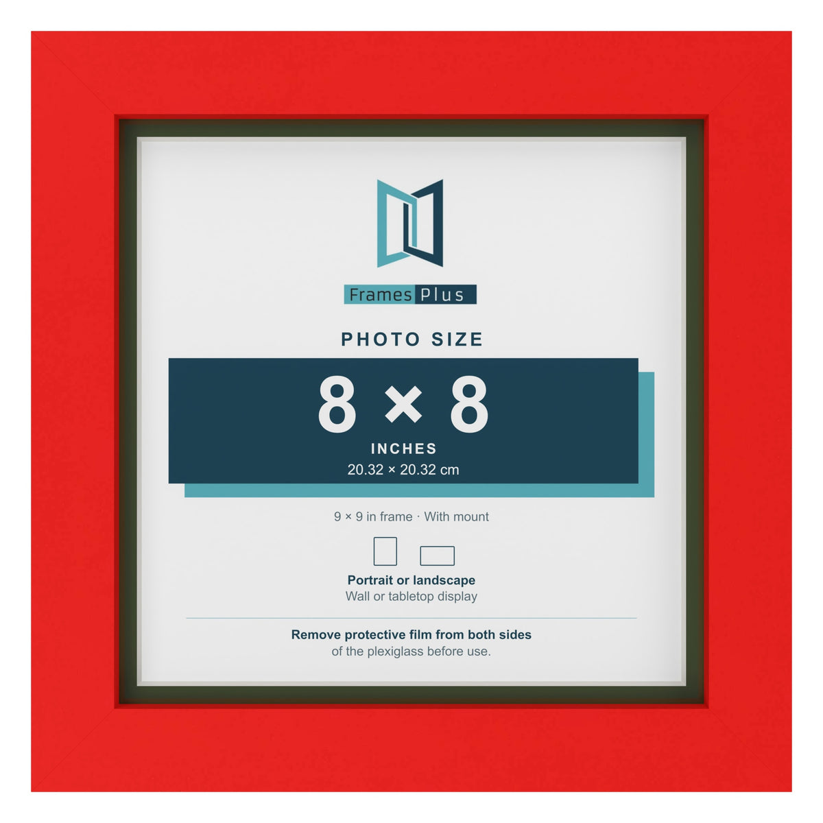 Red 9 x 9 inch picture frame with a green mount for an 8 x 8 inch photo