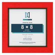 Red 9 x 9 inch picture frame with a green mount for an 8 x 8 inch photo