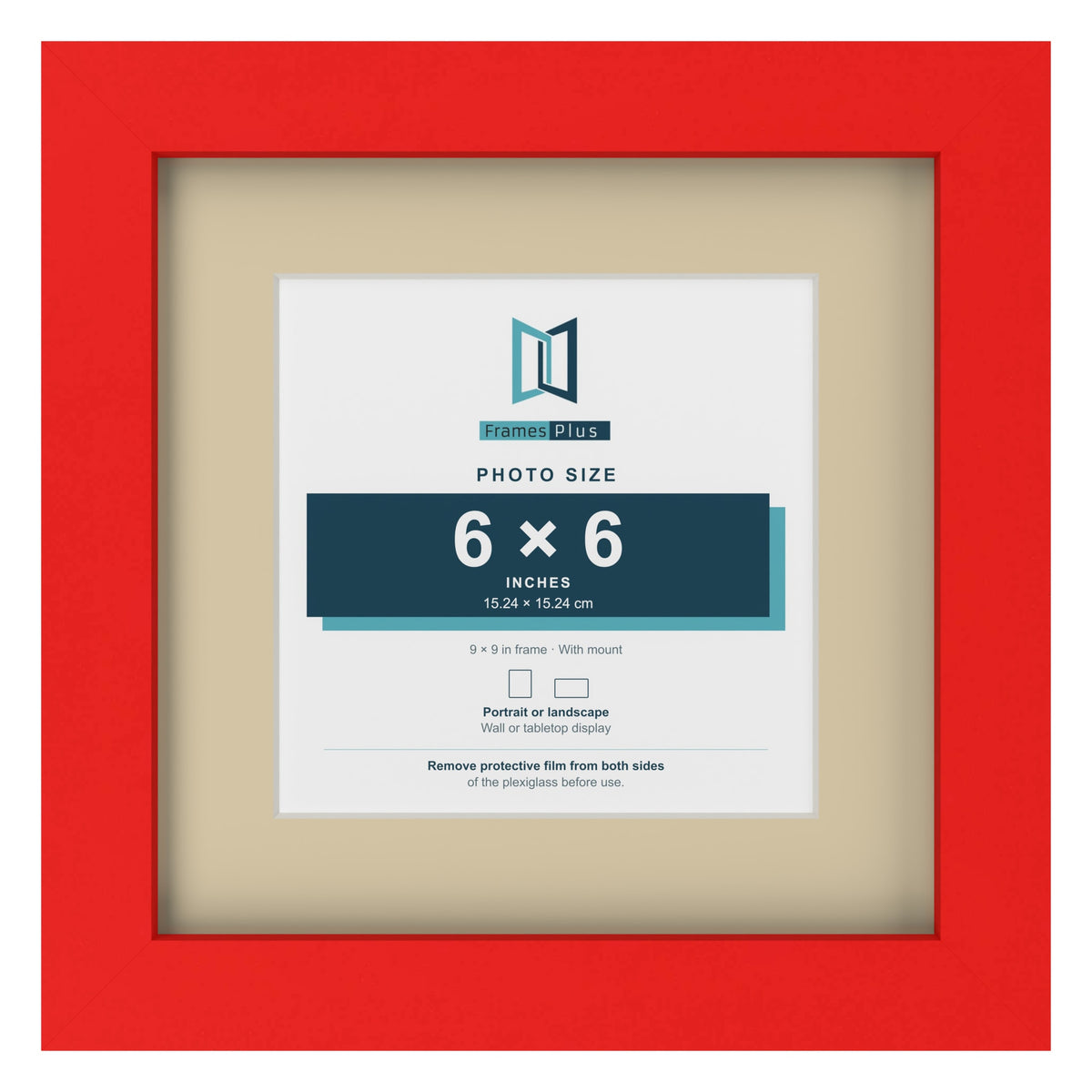 Red 9 x 9 inch picture frame with an ivory mount for a 6 x 6 inch photo