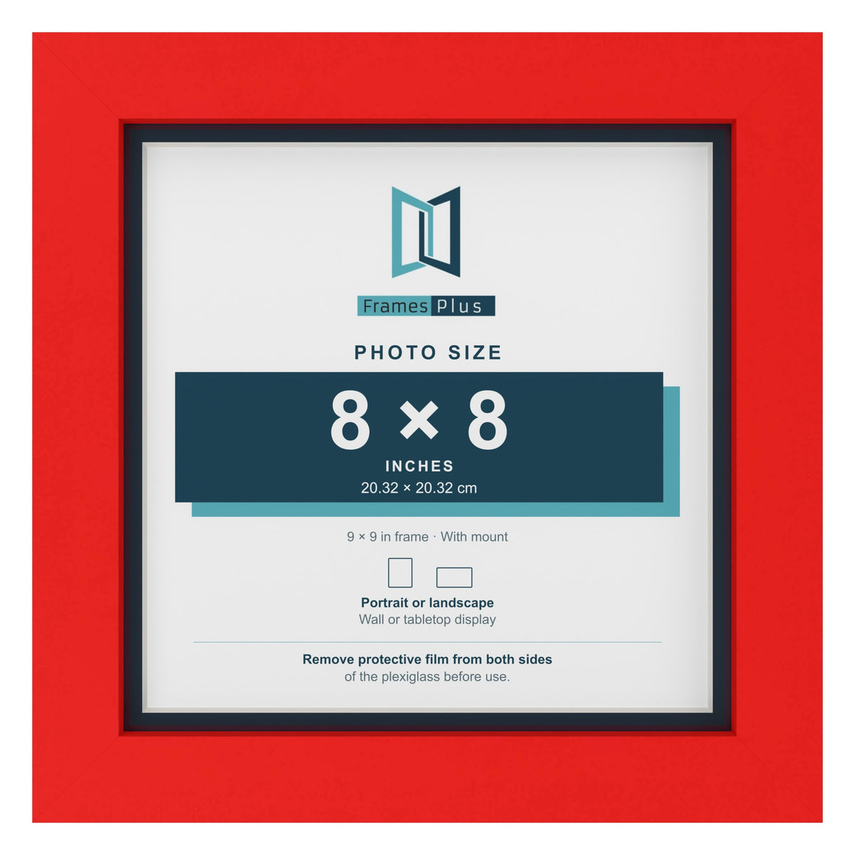 Red 9 x 9 inch picture frame with a Pacific Blue mount for an 8 x 8 inch photo