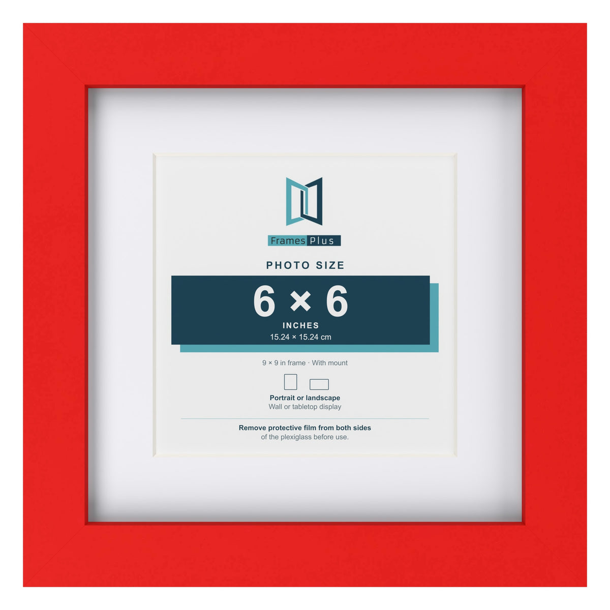 Red 9 x 9 inch picture frame with a white mount for a 6 x 6 inch photo