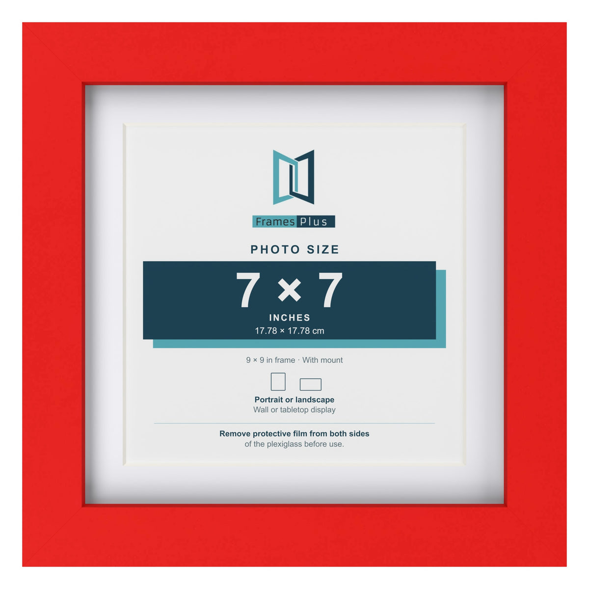 Red 9 x 9 inch picture frame with a white mount for a 7 x 7 inch photo