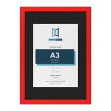 Red A2 picture frame with a black mount for an A3 photo