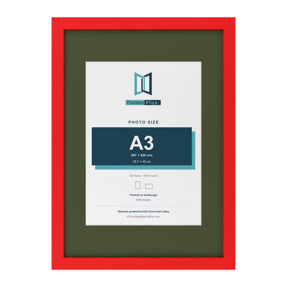 Red A2 picture frame with a green mount for an A3 photo
