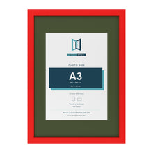 Red A2 picture frame with a green mount for an A3 photo