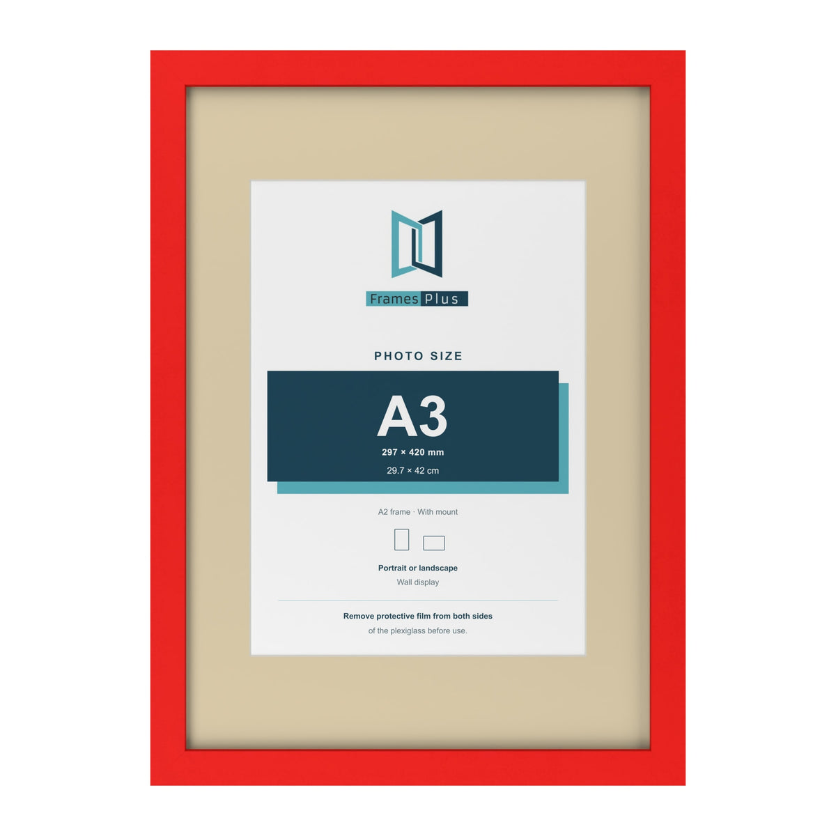 Red A2 picture frame with an ivory mount for an A3 photo
