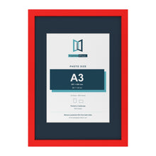 Red A2 picture frame with a Pacific Blue mount for an A3 photo