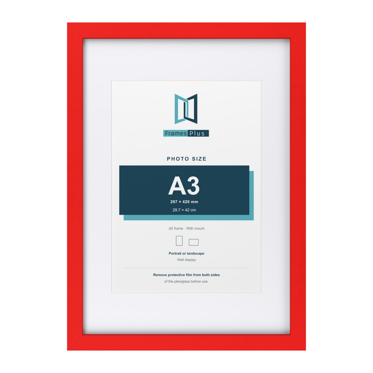 Red A2 picture frame with a white mount for an A3 photo