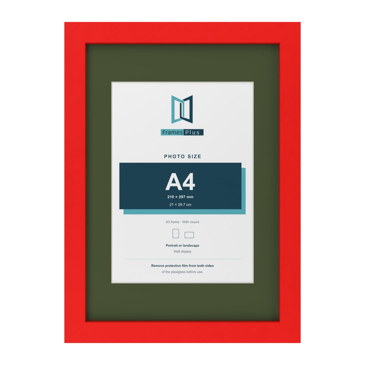 Red A3 picture frame with a green mount for an A4 photo