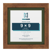 Rustic 11 x 11 inch picture frame with a green mount for a 9 x 9 inch photo