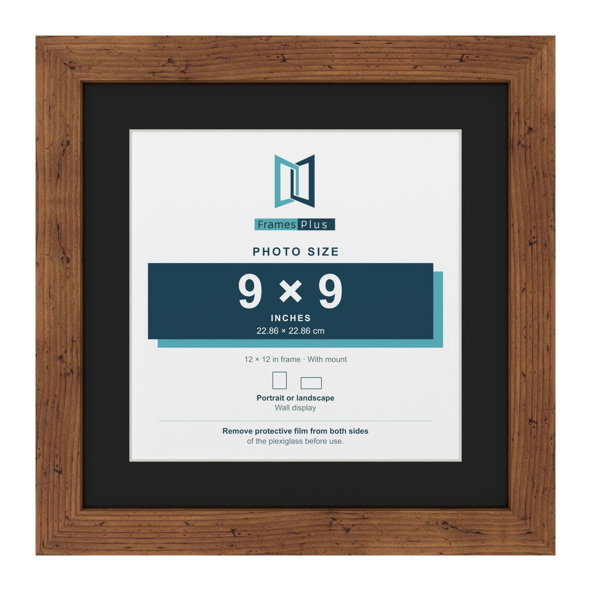 Rustic 12 x 12 inch picture frame with a black mount for a 9 x 9 inch photo