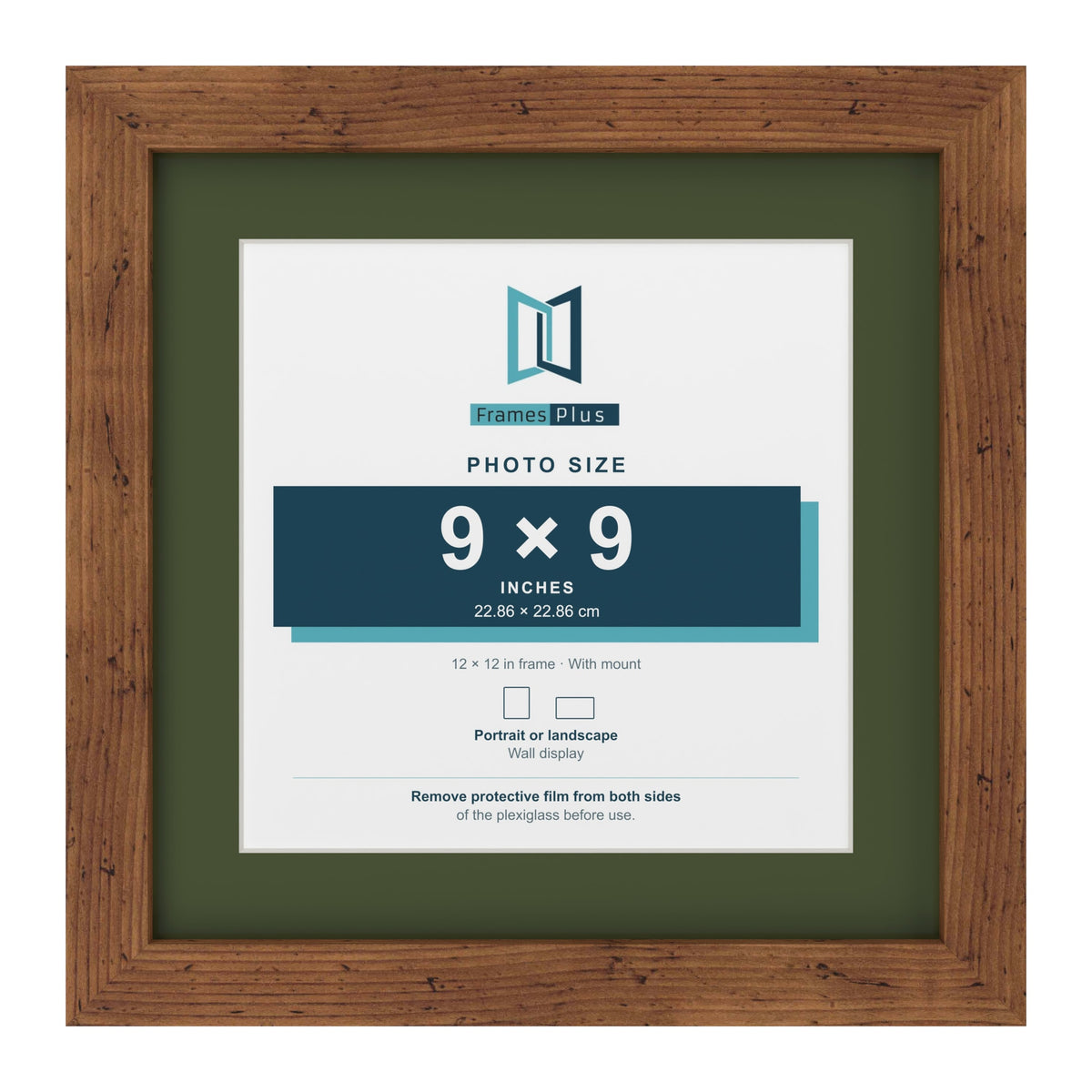 Rustic 12 x 12 inch picture frame with a green mount for a 9 x 9 inch photo