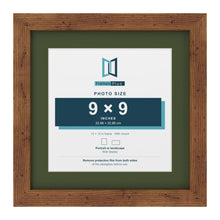 Rustic 12 x 12 inch picture frame with a green mount for a 9 x 9 inch photo