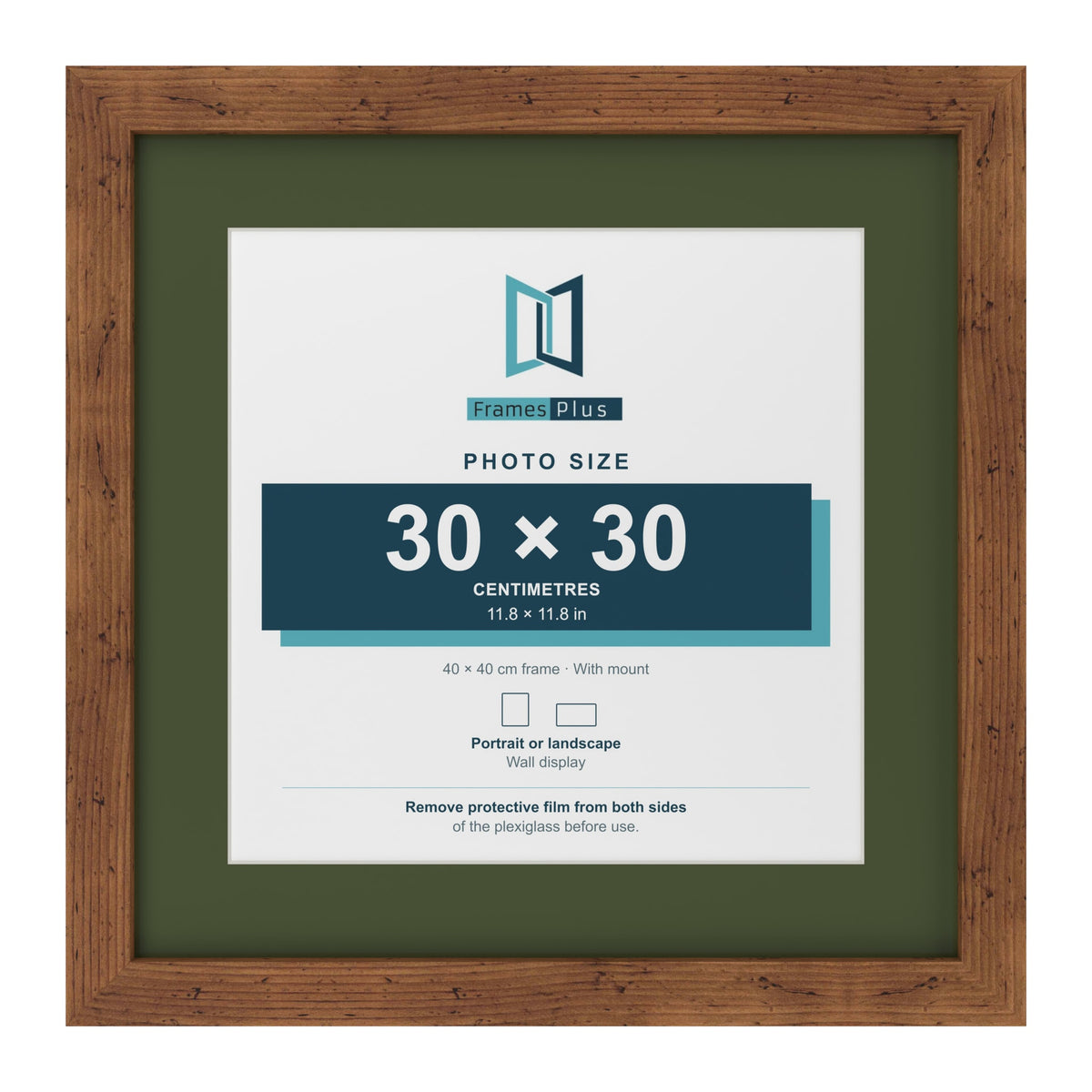 Rustic 40 x 40 cm picture frame with a green mount for a 30 x 30 cm photo