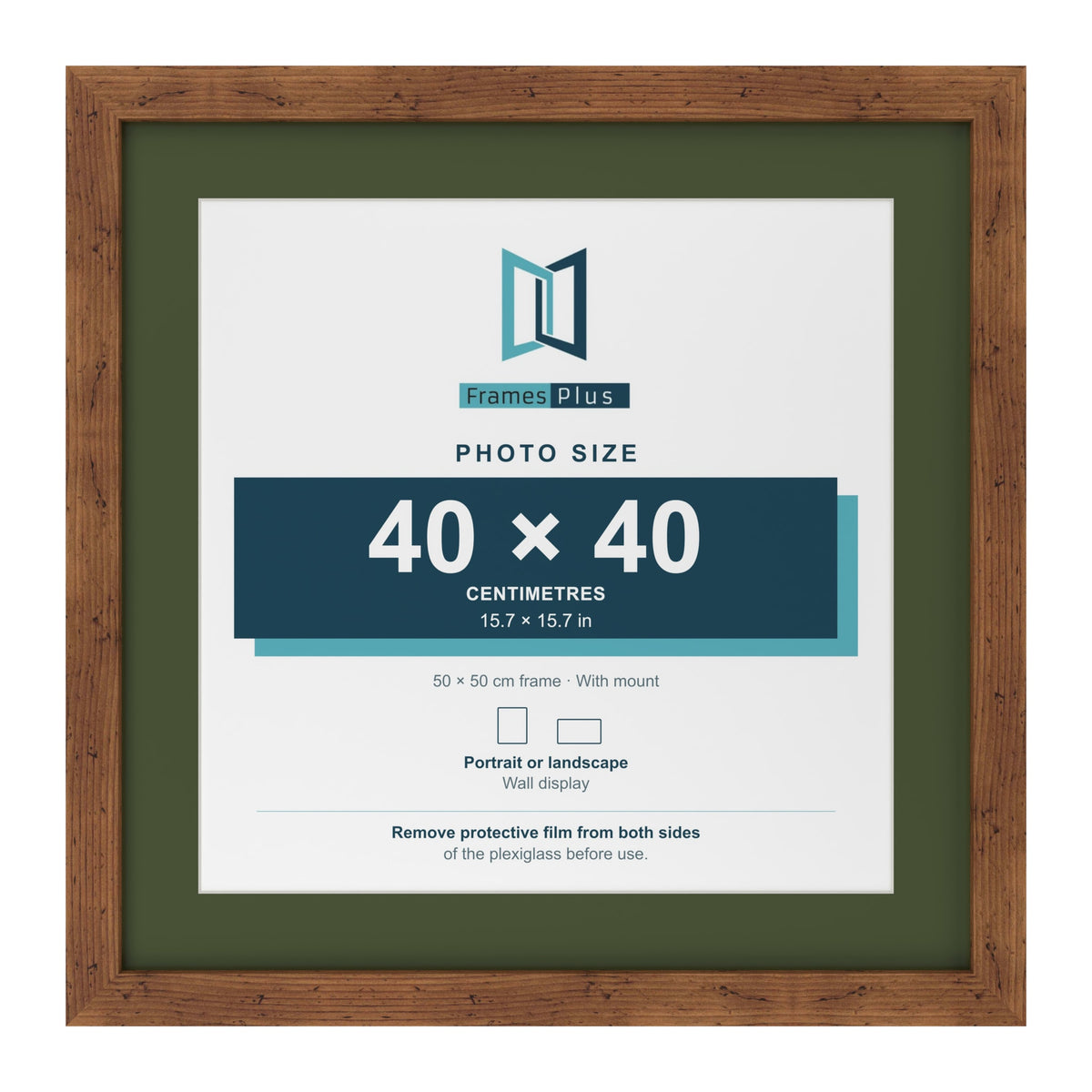 Rustic 50 x 50 cm picture frame with a green mount for a 40 x 40 cm photo