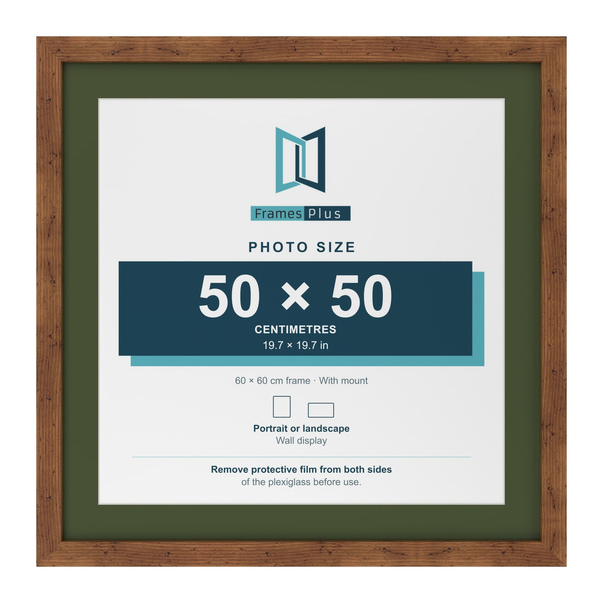 Rustic 60 x 60 cm picture frame with a green mount for a 50 x 50 cm photo