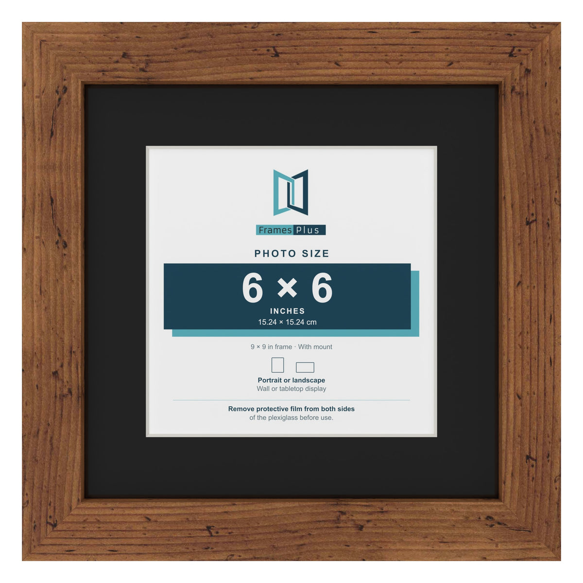 Rustic 9 x 9 inch picture frame with a black mount for a 6 x 6 inch photo