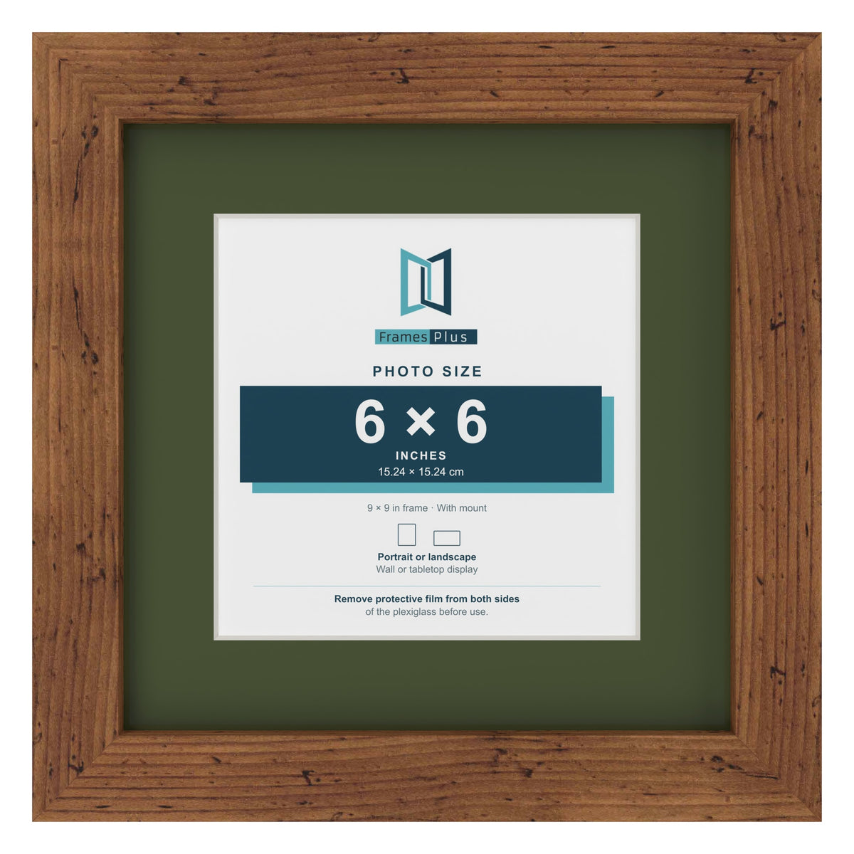 Rustic 9 x 9 inch picture frame with a green mount for a 6 x 6 inch photo