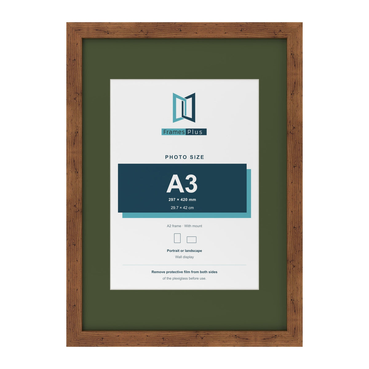 Rustic A2 picture frame with a green mount for an A3 photo
