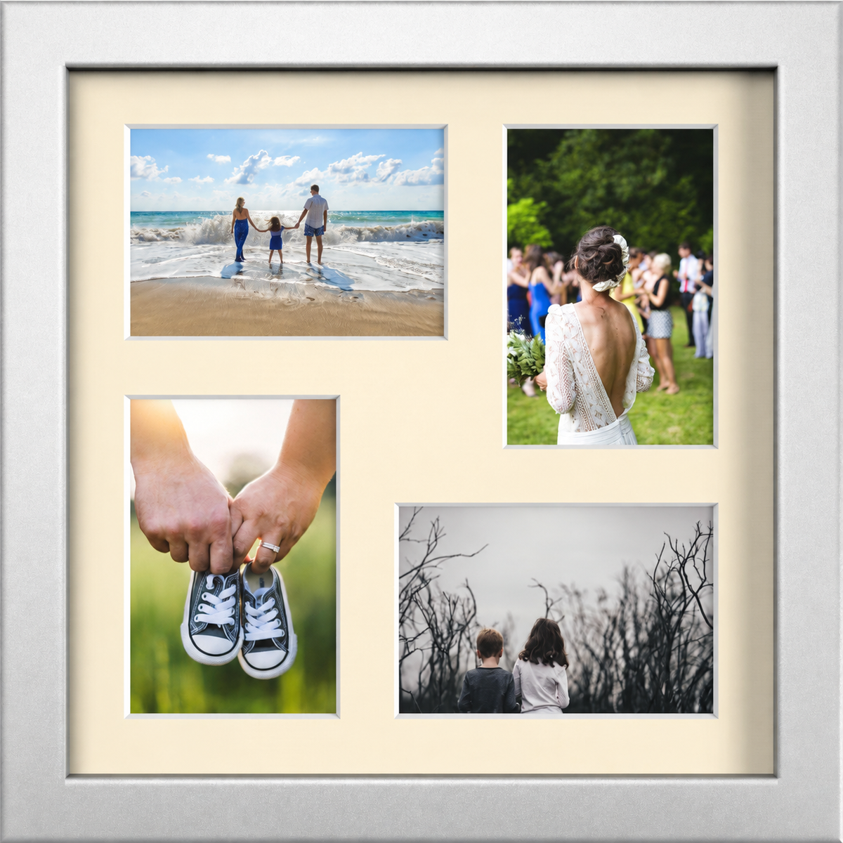 Silver multi-aperture frame, 4 Photos 6x4" with Ivory Mount displaying photographs