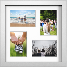Silver multi-aperture frame, 4 Photos 6x4" with White Mount displaying photographs