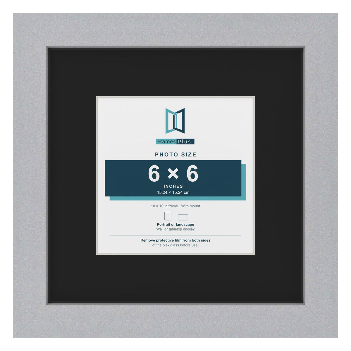 Silver 10 x 10 inch picture frame with a black mount for a 6 x 6 inch photo