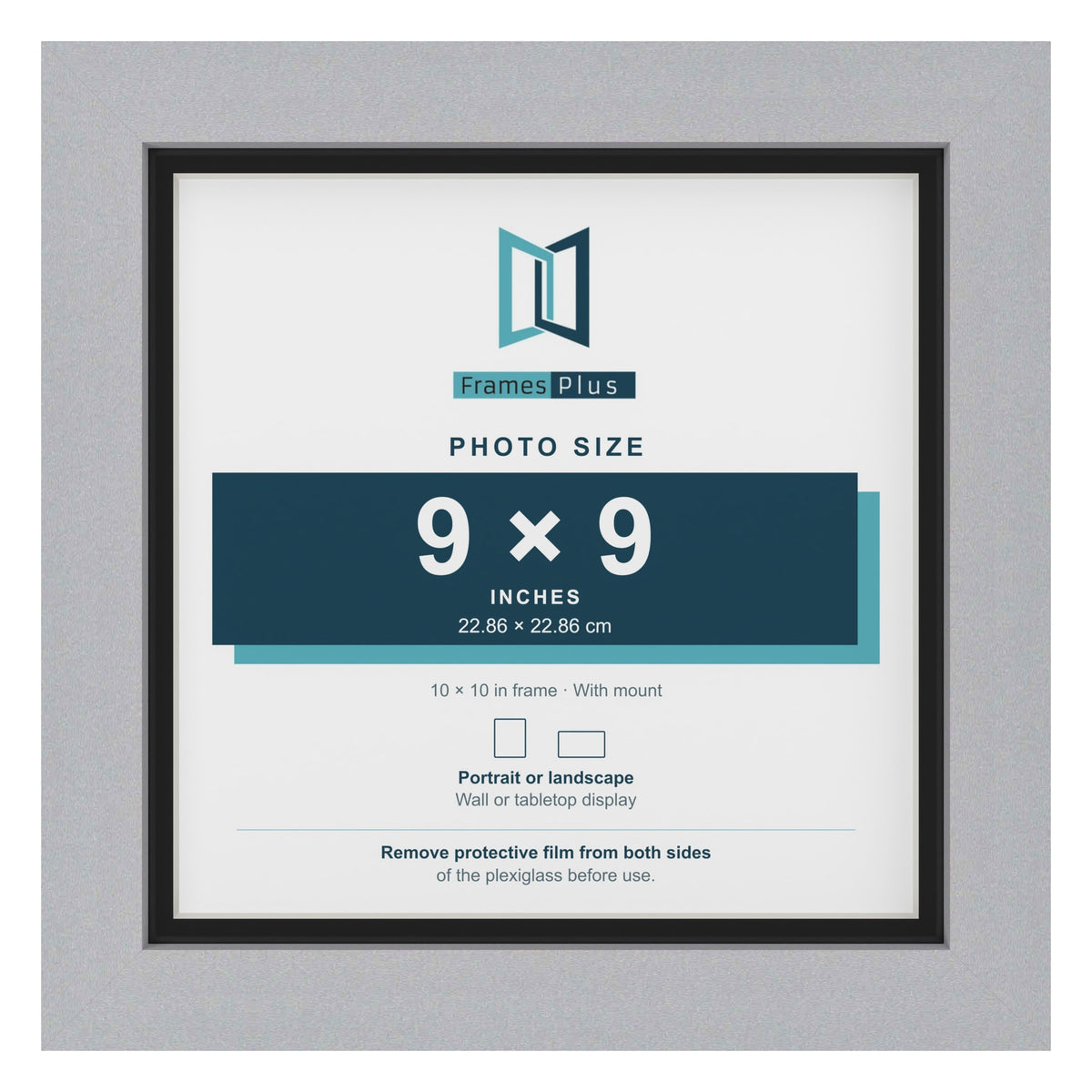 Silver 10 x 10 inch picture frame with a black mount for a 9 x 9 inch photo