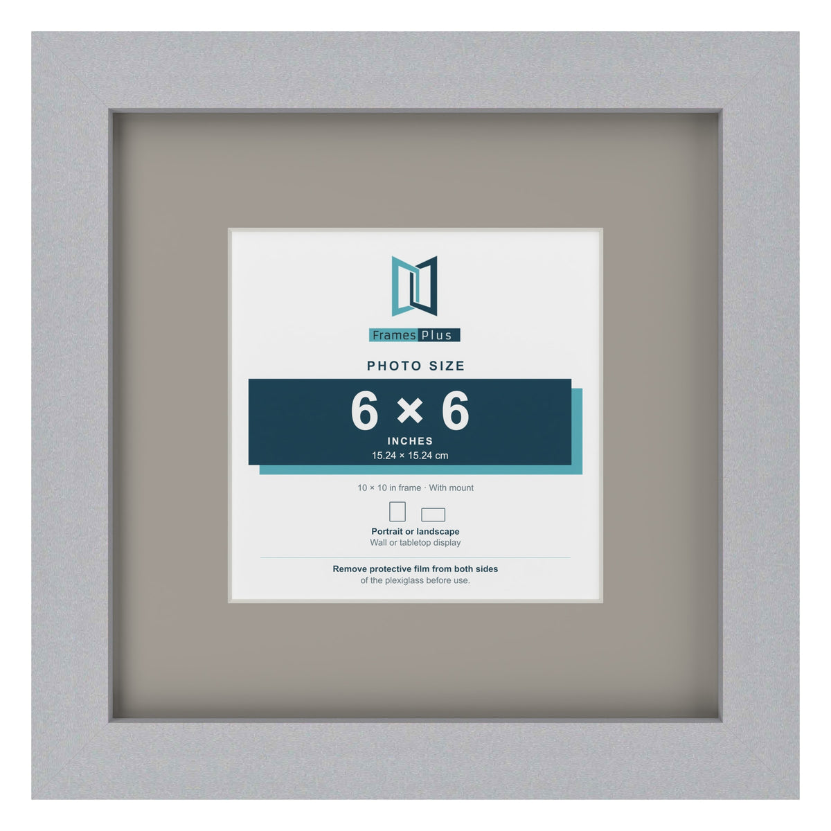 Silver 10 x 10 inch picture frame with a Dawn Grey mount for a 6 x 6 inch photo