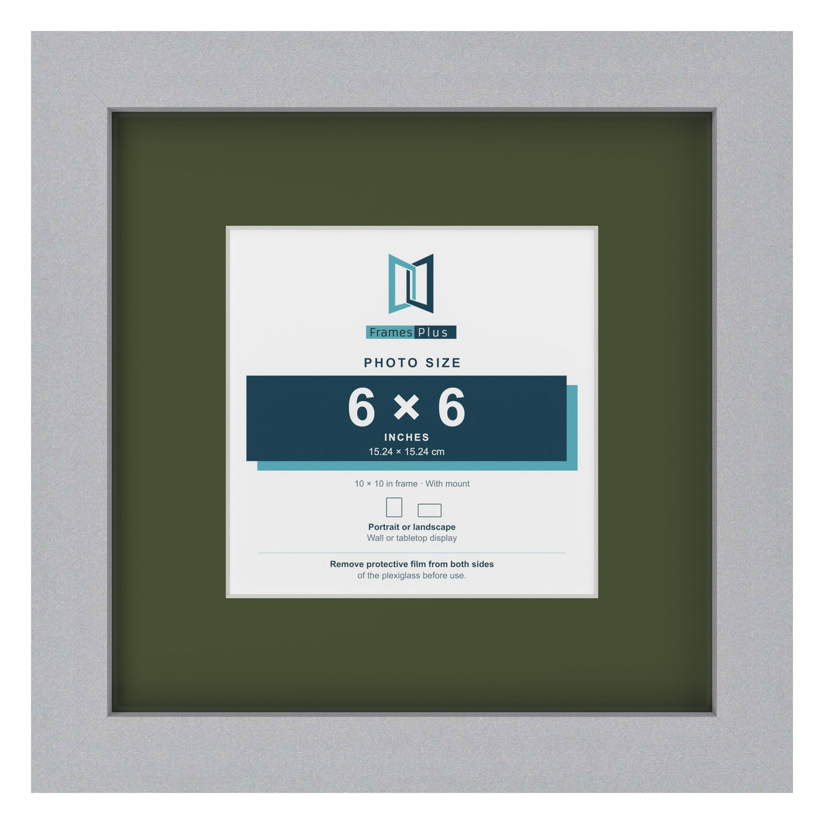 Silver 10 x 10 inch picture frame with a green mount for a 6 x 6 inch photo